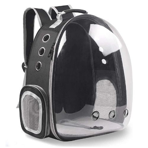 Clear pet carrier backpack with black accents on a white background