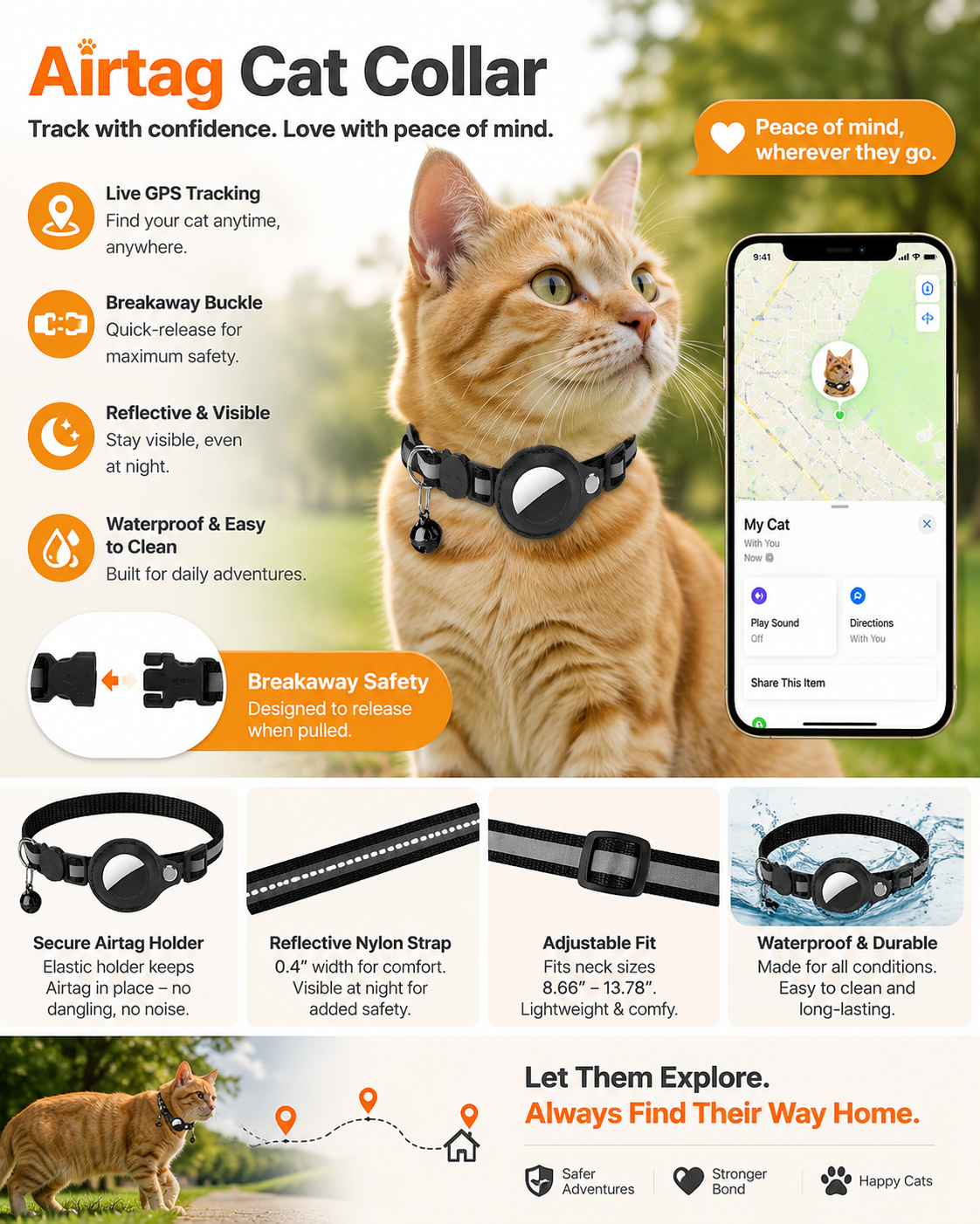 Reflective Cat Collar with Apple AirTag Holder