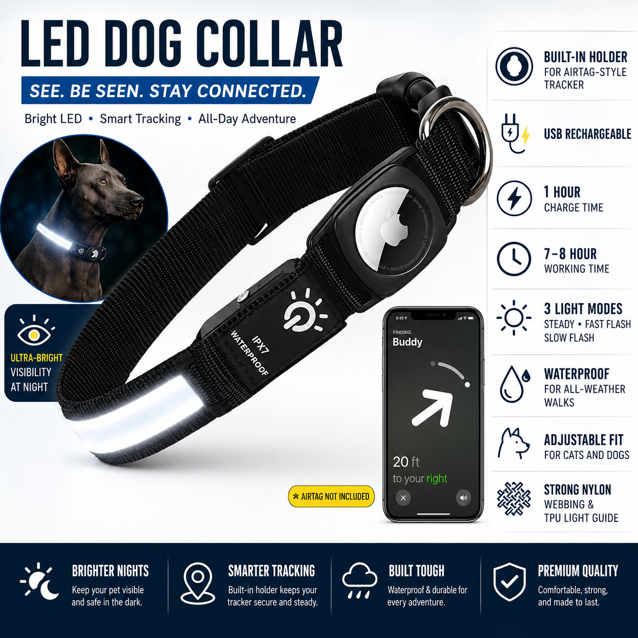 LED Dog Collar with AirTag Holder